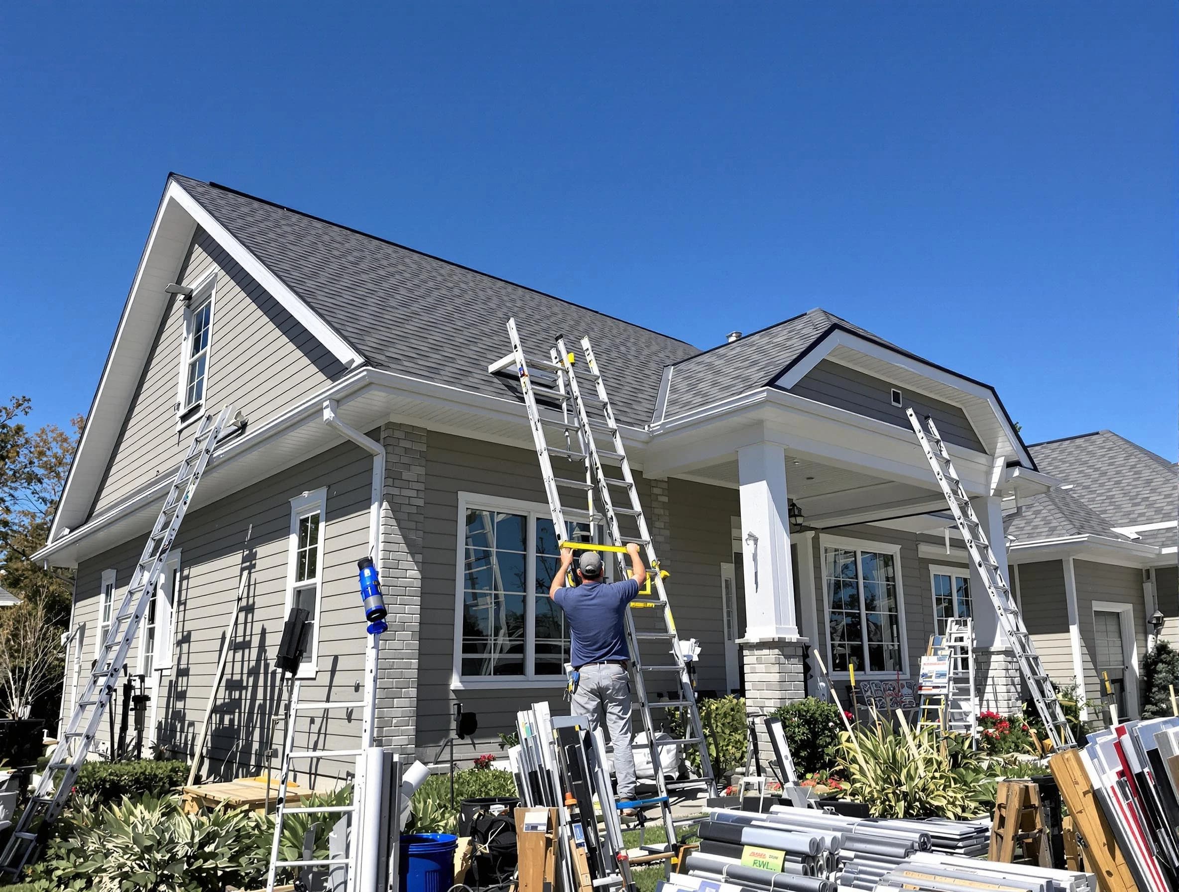 Hudson Roofing Company fitting rain gutters at a home in Hudson, OH
